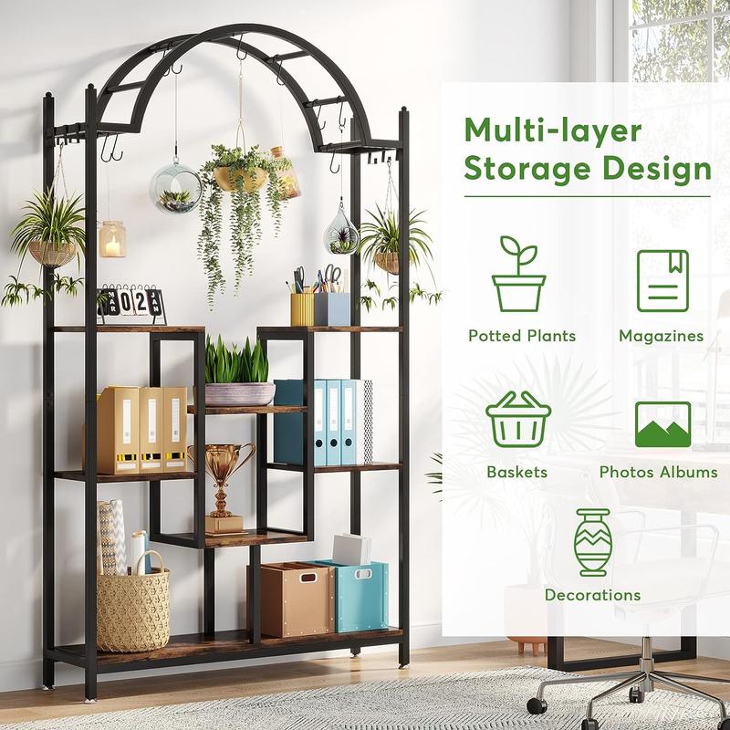 Tribesigns 74.8" Tall 5-Tier Tall Indoor Plant Stand Hanging Hooks Metal Decor Racks Metal Shelf Organiser Wood Photo Wooden Hangable