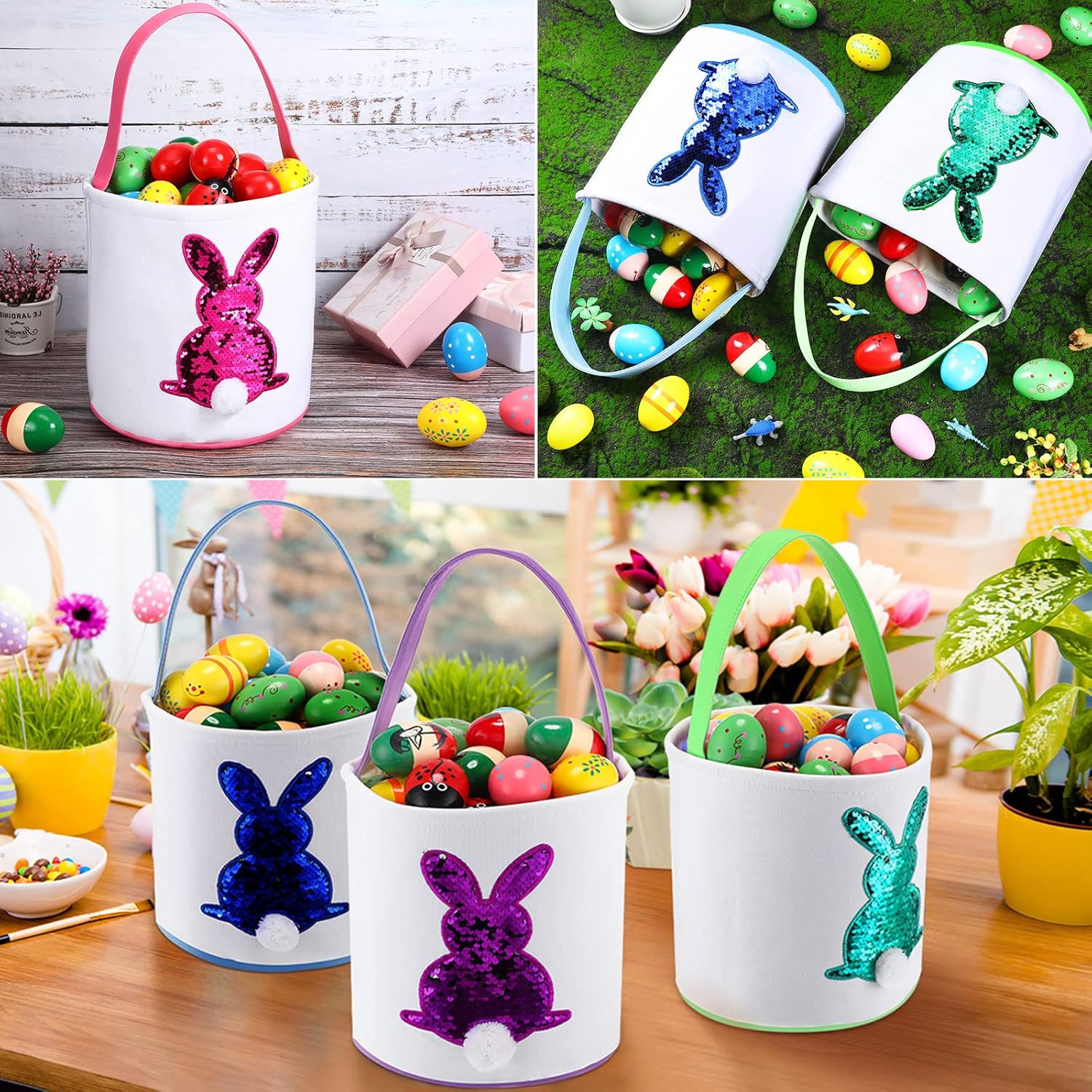 4/6 Pcs Easter Bunny Basket Easter Gift Bags Reusable Totes Bags Easter Eggs Basket for Egg Hunt,Easter Gift buckets for Student Adult Office Employee Coworker,Outdoor Church School Classroom Decorations,Spring Birthday Party Supplies