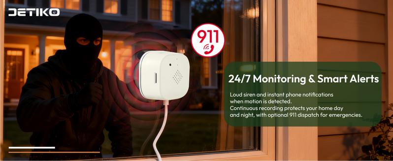 DETIKO 2K Window Security Camera, Smart Indoor Camera for Home Security, 2 Pack with Full Color Night Vision, 2.4GHz & WiFi, Person & Motion Detection, 911 Emergency Dispatch, Quick & Easy Install, US Based Cloud, 24/7 Recording