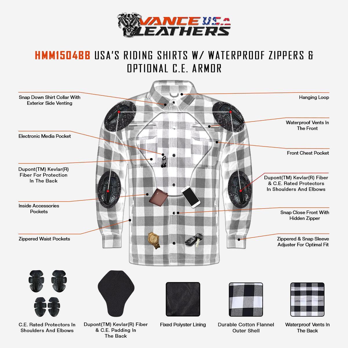 Vance Leathers Inc Men's Armored Motorcycle Flannel Shirt, Waterproof Storage Pockets, Kevlar Reinforcement, Multiple Design Features - Collar Cotton Protective Shell
