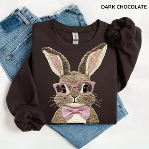 Retro Easter Bunny Sweatshirt – Printed Easter Rabbit Graphic Shirt, Vintage Bunny with Pink Glasses, Girly Cute Easter Gift