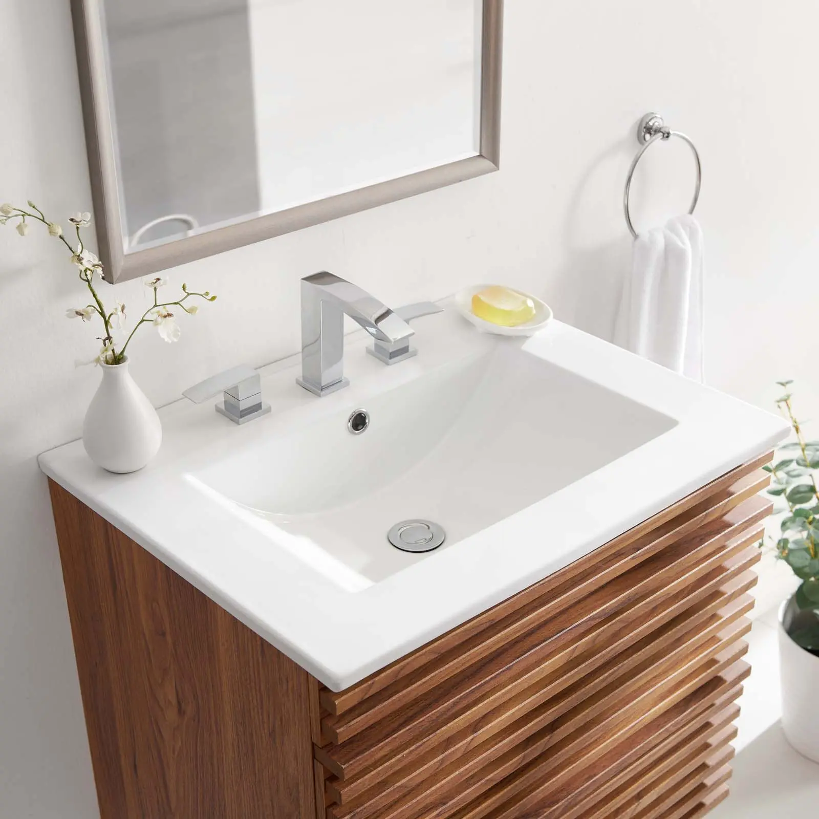 Modway Cayman 24-in Wide Ceramic Basin Modern Bathroom Sink Unit, White, 8-in Center Holes, Countertop-Mount, Space-Saving for Narrow Top Spaces, 24 Inches