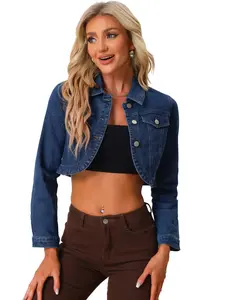 INSPIRE CHIC Denim Jacket for Women's Collared Button Down Long Sleeve Crop Jean Jackets
