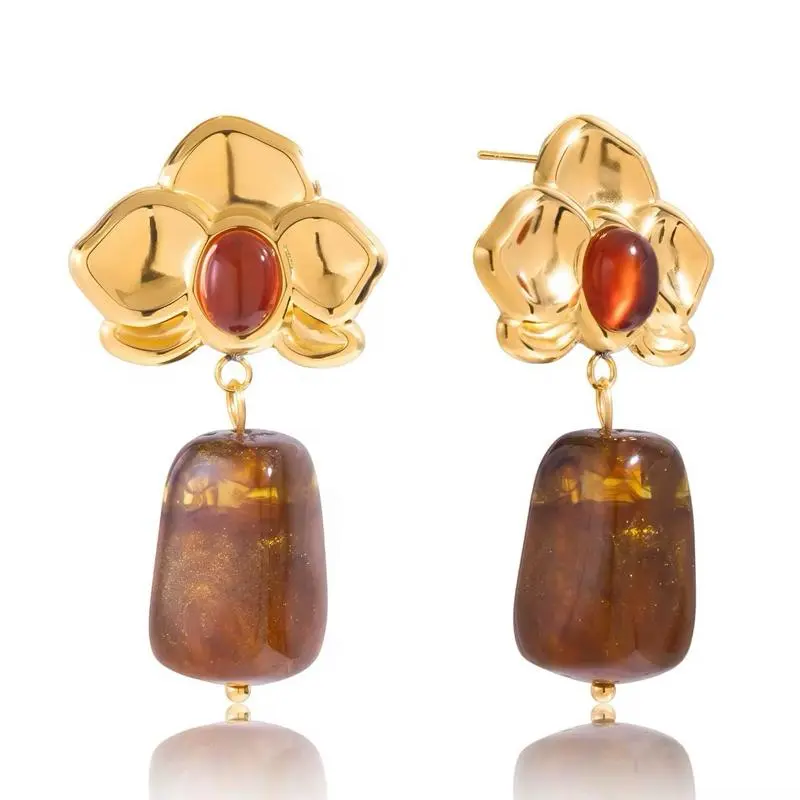 Stainless Steel Earrings Amber Resin Vintage Red Agate Orchid Design Gold Tone Finish