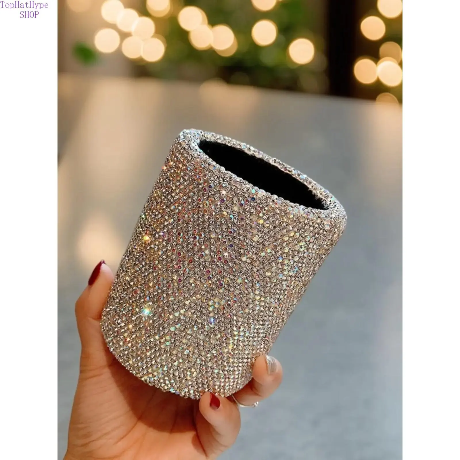 Sparkly Rhinestone Single Premium Organizer - Round Desk Organizers, Aesthetic Desk Accessories, Home Vessel for Vanity Makeup Brush Storage, Desktop Pen Holder