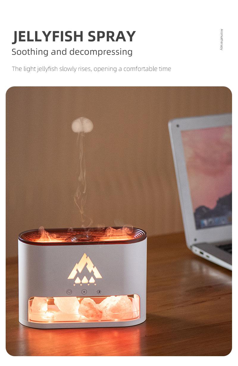 Flame Rock Aromatherapy Machine 250ml Essential Oil Diffuser with Simulated Flame & Jellyfish Mist Colorful LED Lighting Cool Mist Humidifier Timer Auto Off for Home Bedroom Office