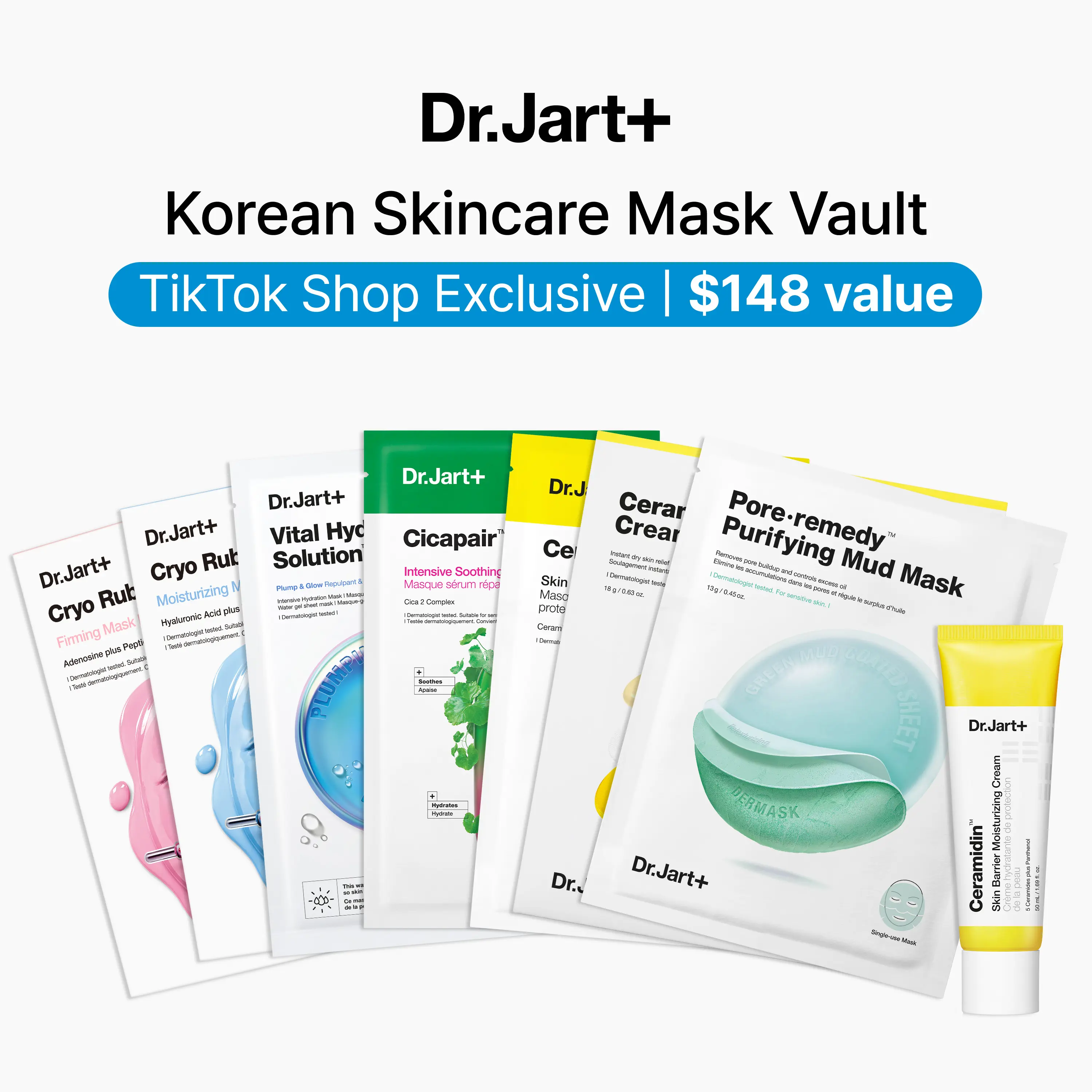 Dr.Jart+ Korean Sheet Mask Value Set + Ceramidin Cream | Korean Skincare Gift Set | Hydrating, Soothing & Pore Care K-Beauty Bundle | Cicapair, Cryo Rubber, Vital Hydra Glow Masks