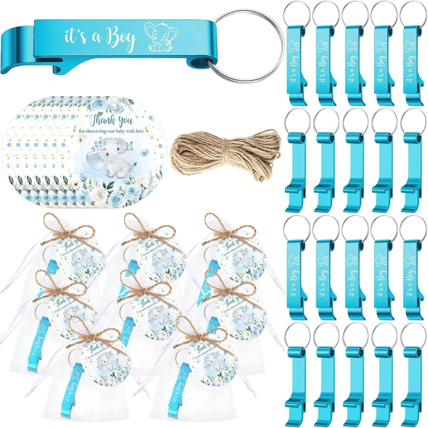 50-Set Elephant Theme It's a Boy Gender Reveal Bulk Pack Reveal-Ready Beer Openers - Kitchen Utensils with Thank You Cards, Organza Bags, Jute Twine Tie, Portable Size for Neighbors, Party Souvenirs