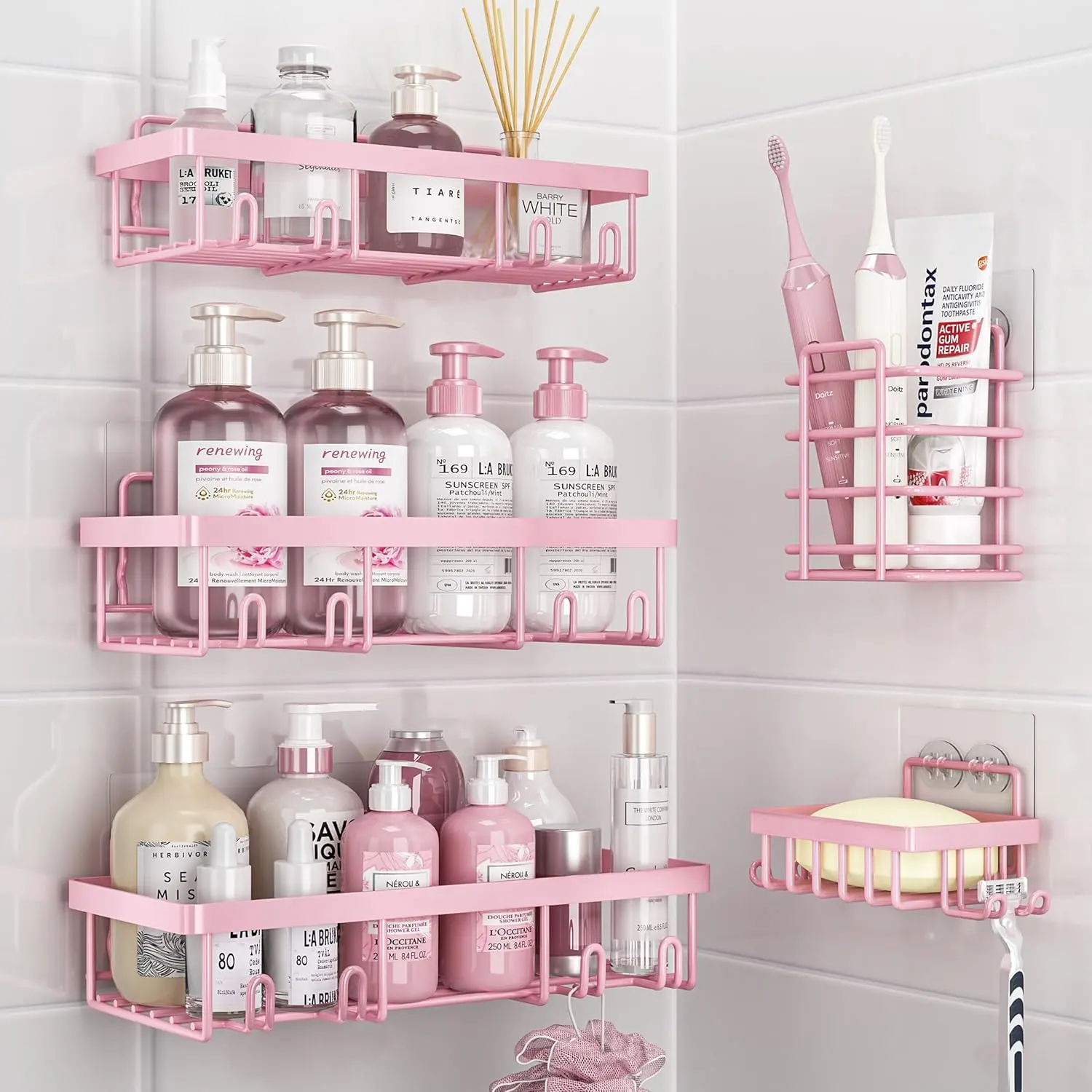 Pink 5-Piece Stainless Steel Shower Organizer Set - Waterproof, Rustproof, Heavy-Duty No-Drill Bathroom Upgrade with 3 Caddies, Toothbrush/Soap/Shaver Holders, Adhesive Wall Shelves, Tape, Durable Dorm Essential Gift, Adhesive Tape