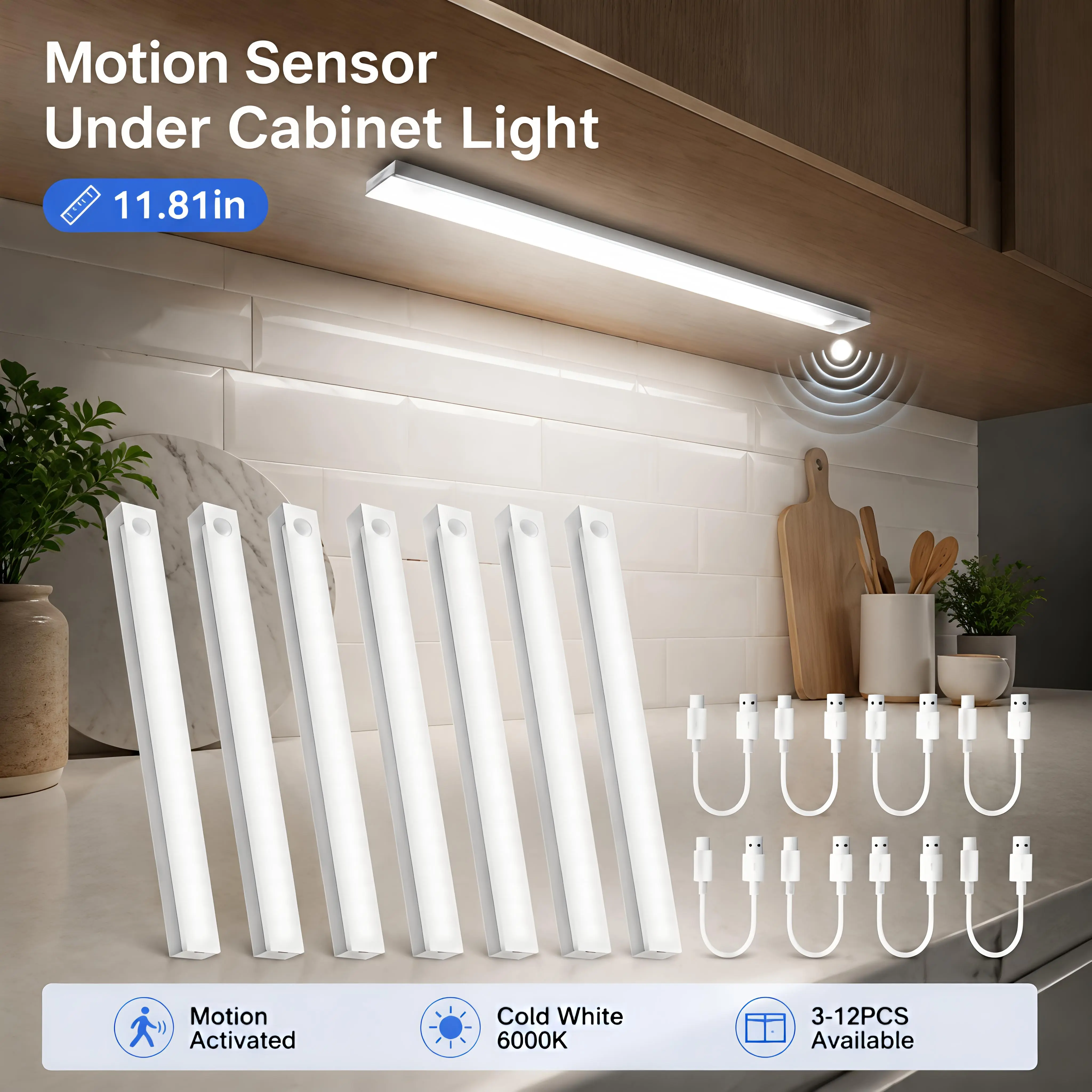 Rechargeable Magnetic Under-Cabinet Rectangular Bar LED Lights - Motion Sensor, ABS Plastic, Power-Saving Modern Sleek Design, Long-Lasting Lithium Polymer Batteries, Ambient Indoor Multifunctional Sink-Side Slim Downlight for Kitchen Festive Decor, Ambie