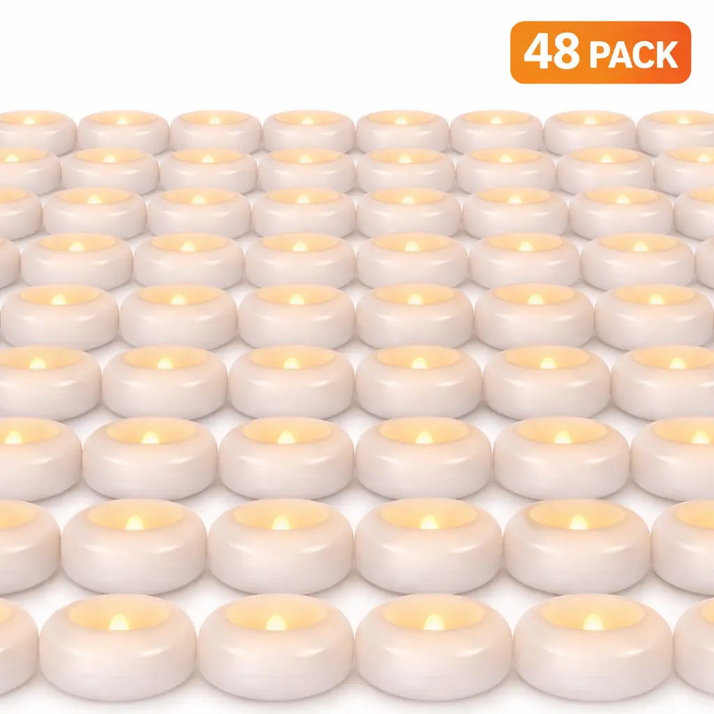 48 Pack 2 Inch Flameless LED Floating Candles, Waterproof Flickering Green Battery Operated Plastic Tealights, 200 Hour Long Lasting for Vase Centerpieces, Wedding, Party, Pool & Holiday Decor