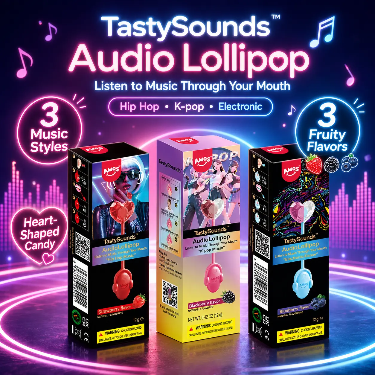AMOS TastySounds Audio Lollipop Candy Gift – Heart-Shaped Music Lollipop, Sweet Strawberry & Berry Flavors, Cute Tech Candy, Romantic Creative Gift, Individually Wrapped Surprise-13