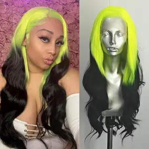 RONGDUOYI Neon Green Roots Black Synthetic Wigs for Women Use Natural Hairline Free Part Lace Front Wig Ombre Color Black and Green Wigs Glueless Heat Friendly Party Use Cosplay Wig