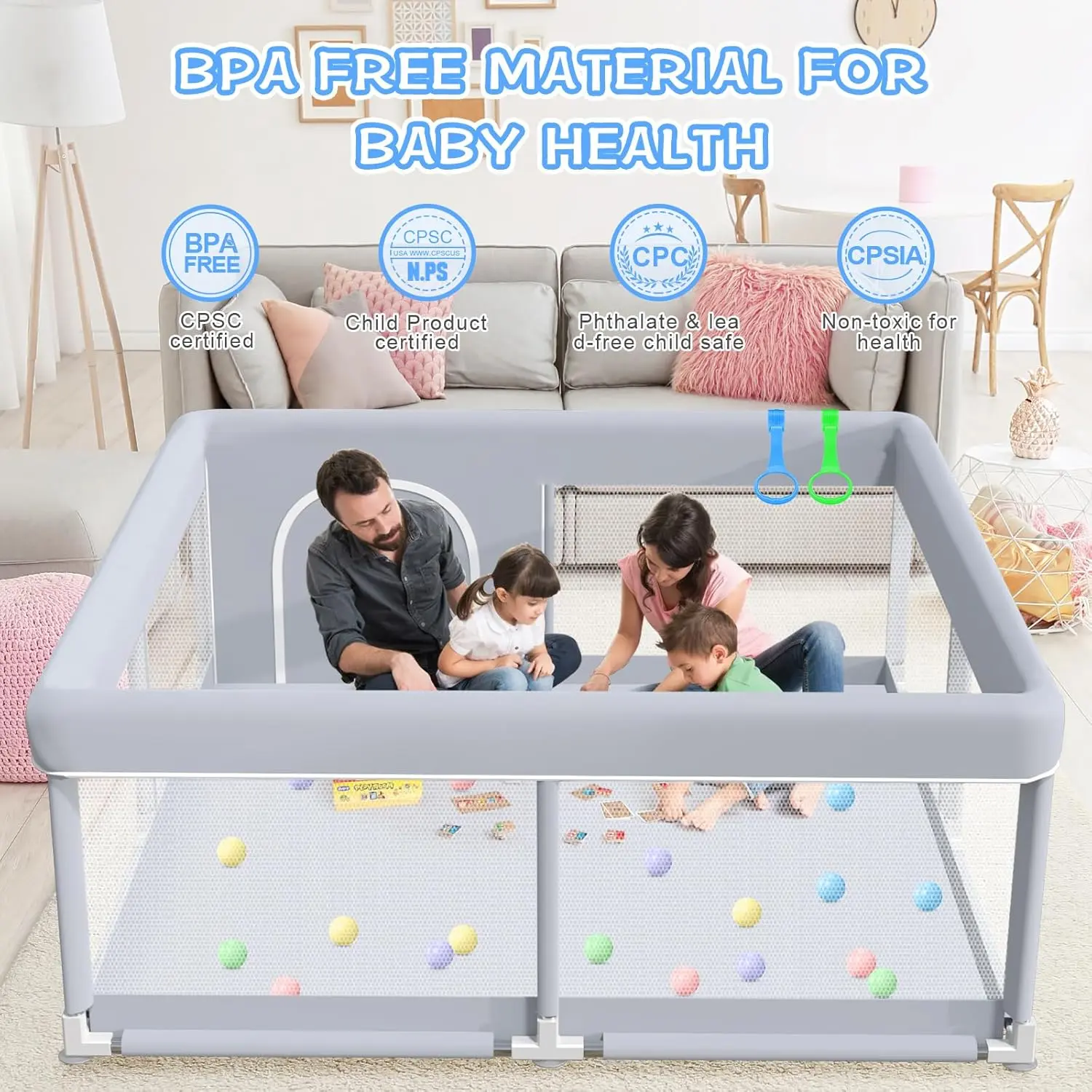 Large Oxford Floor Playpen for Baby - Full Vision Polyester Mesh Sturdy Safe Playard, Portable Indoor Play Equipment, Easy Assemble Playard, Anti-Slip Suction Cups, Quick Setup, Toddler-Use
