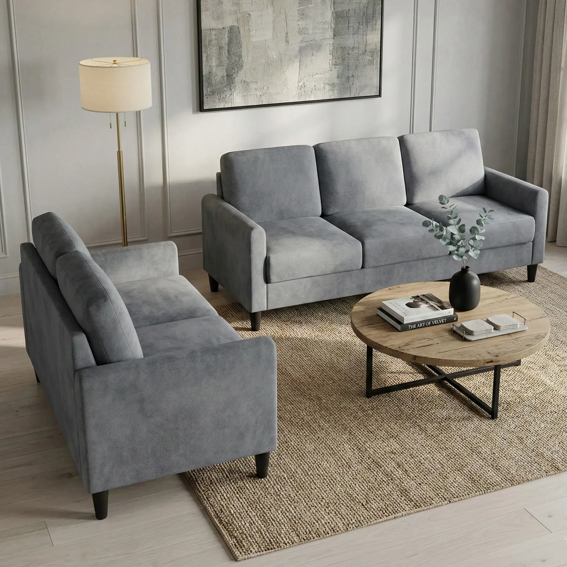 Favorer Goliad Velvet 2-Piece Modern Living Room Set - Wood Frame, Sofa, Loveseat, Multiple Seats for 1-3 People, Individually Wrapped Pocket Springs, Soft Cushions, Streamlined Silhouette, Structured Arms, Gray, Assembly Required, Room Decor
