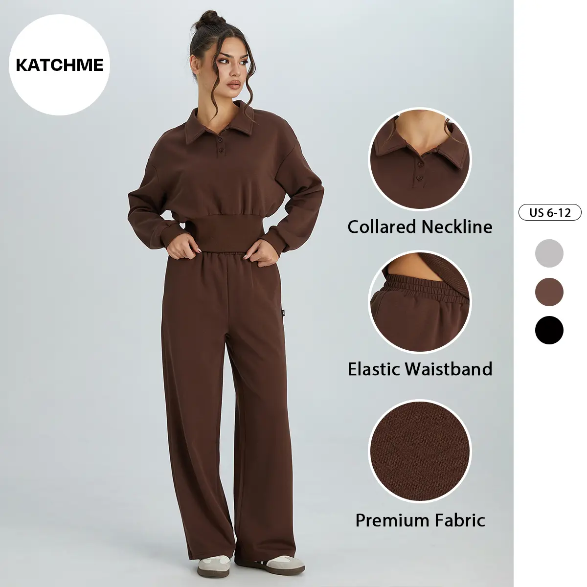 KatchMe Women's Casual Collared Long Sleeve Crop Top & Wide Leg Trousers Co-ord, Solid Ribbed Elastic Waist Two Piece Outfits, Elegant Womenswear