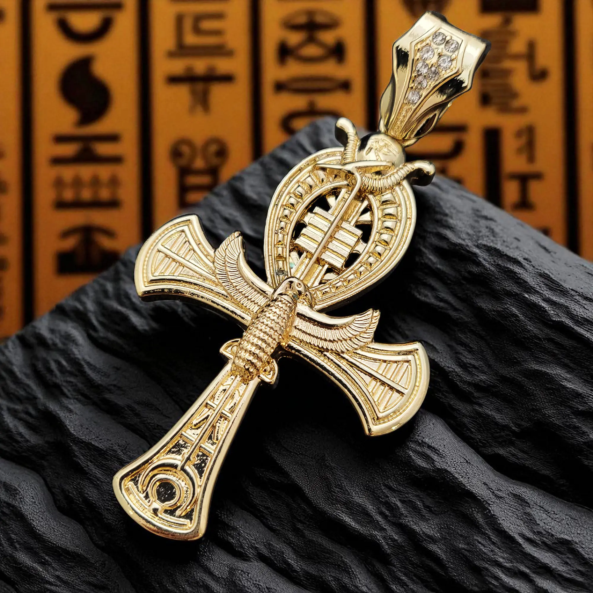 MaxBling81 Unisex Gold-Metal Coating Egyptian Horus Ankh Cross Pendant, Cubic Zirconia Stones Charm, Bold Casual Hip Hop Costume Jewelry Fit for 15mm Max Chains, Men's Accessories, Ankh Necklace