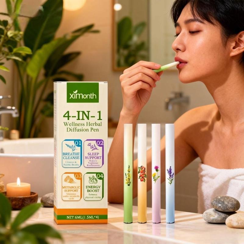 Ximonth 4-In-1 Herbal Stick Set Breathe Cleanse Sleep Support Metabolic Energy Boost 4x1.5ML Natural Wellness Pens for Comprehensive Wellness