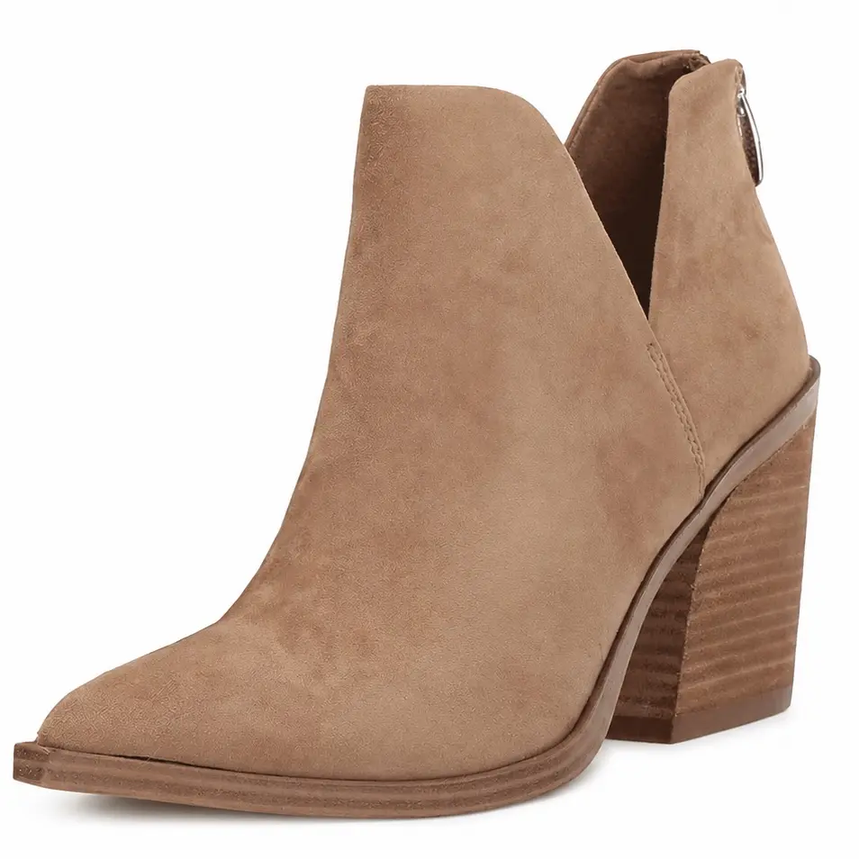 Coutgo Womens Pointed Toe Stacked Mid Heel Ankle Boots V Cut Back Zipper Faux Leather Booties tiktokshopbacktoschool