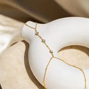 Elegant Stainless Steel Crystal Chain Connected Ring Bracelet - 8" (Silver, Gold)