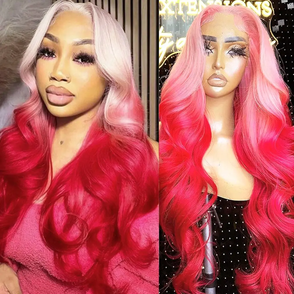 13X4 Free Part Ombre Pink Body Wave Synthetic Lace Front Wigs For Women 28 Inch Long Wavy Hair Wigs Glueless Soft Pink Ombre Colored Wigs Heat Resistant Christmas Wig Natural Long Wave Lace Front Wigs For Daily Party Cosplay Use
