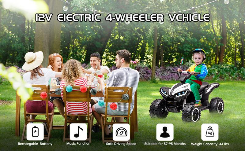 【GARVEE】12V Quad ATV 4 Wheeler with Music and LED Lights, available in White, Red, Pink, Yellow, Black, and Blue, designed for young riders with fun features and vibrant color options