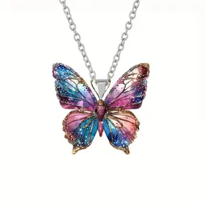 Vintage Dream Butterfly Acrylic Necklace Gradient Color Glitter Transparent Wing Pendant Unique Design Clavicle Chain for Women Girls Perfect Gift for Birthday Anniversary