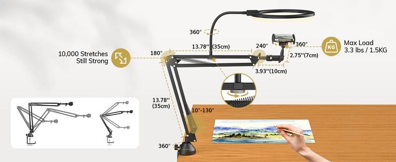 TONOR 10" Overhead Ring Light Kit, Boom Arm & Phone Holder, Adjustable Angle for Recording, Live Stream, Makeup & Nail Art