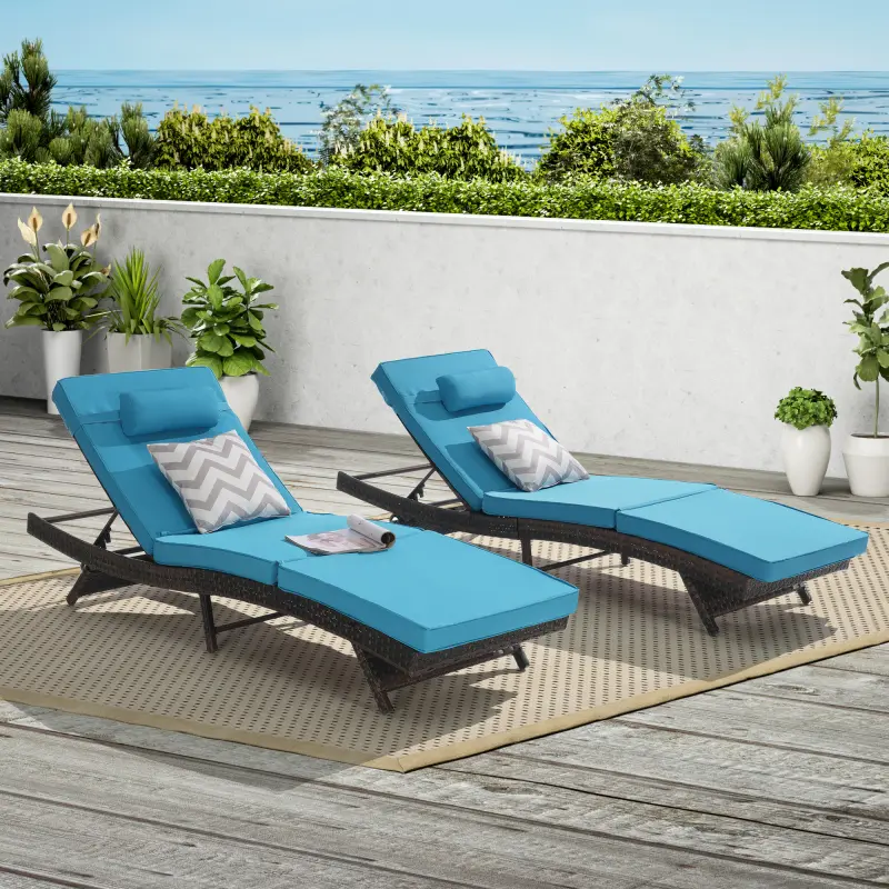 Outdoor Wicker Long Reclining Chair Set of 2 , Wicker Reclining Lounge Chair Lawn Sunbathing Chairs Recliner up to 150°  Beach Poolside Garden