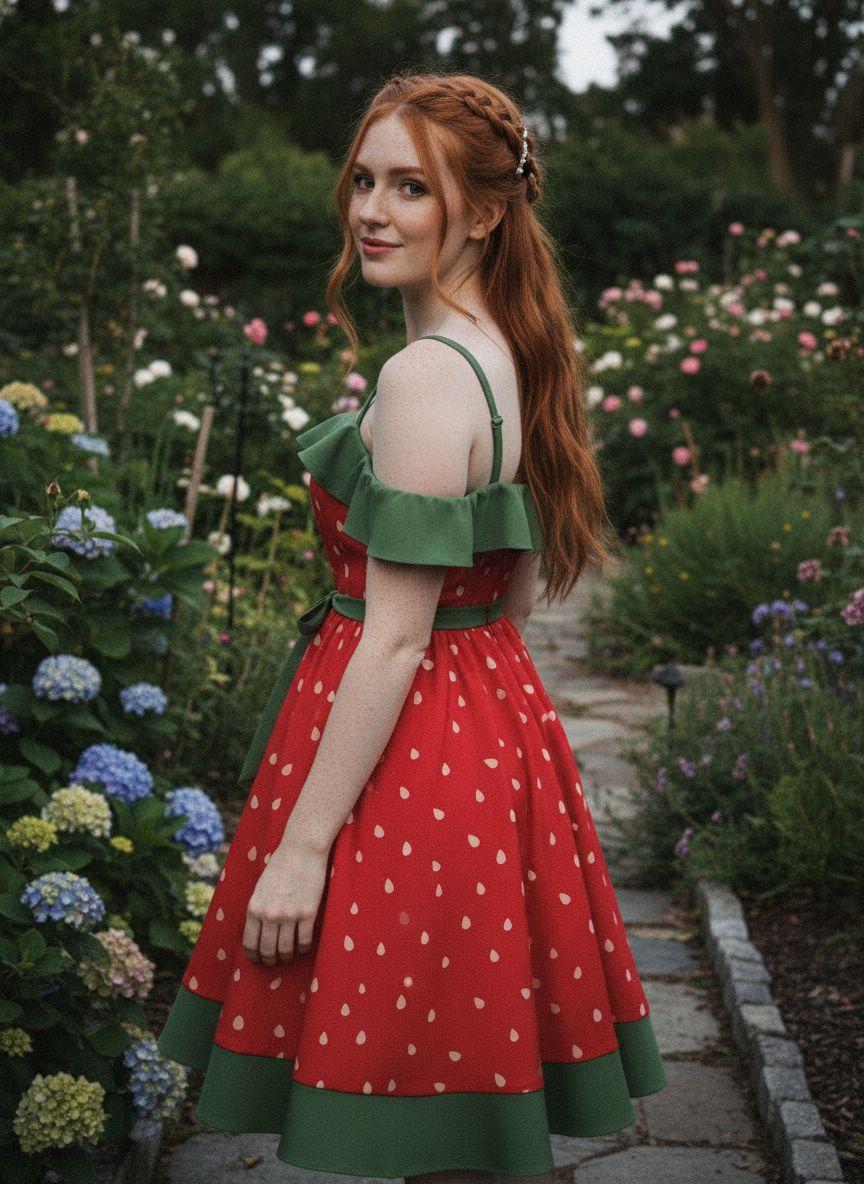 RED 1950S STRAWBERRY RUFFLE BELT DRESS Casual Boho Bohemian Sleeveless Spaghetti Strap Womenswear