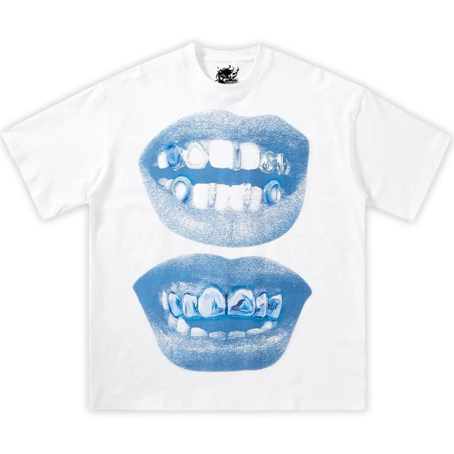 #TikTokShopRestock  Plus Size Double Blue Lips Grillz Boxy Cotton Tee Shirt Boxy Shirt Opium, y2k, fashion, streetwear, unisex, men, women, cotton, crew neck, y2k