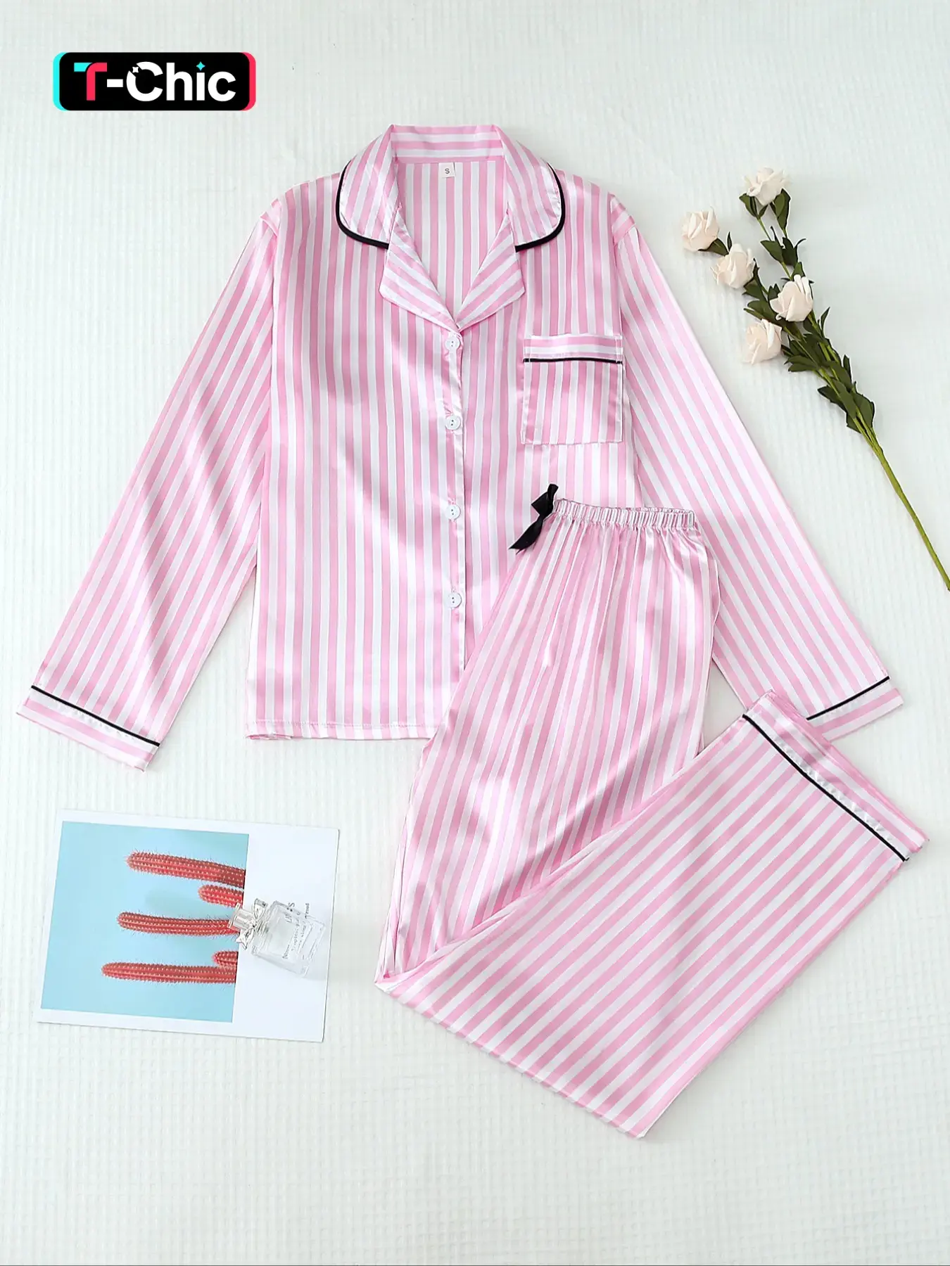 Two-Piece Set Women's Striped Print Lapel Neck Fitted Pocket Shirt & Bow Decor Pants Satin Pyjama, Pyjamas Set, Long Sleeve Button Up Top & Trousers PJ Set, Women's Sleepwear & Loungewear for Spring & Fall Pajamas