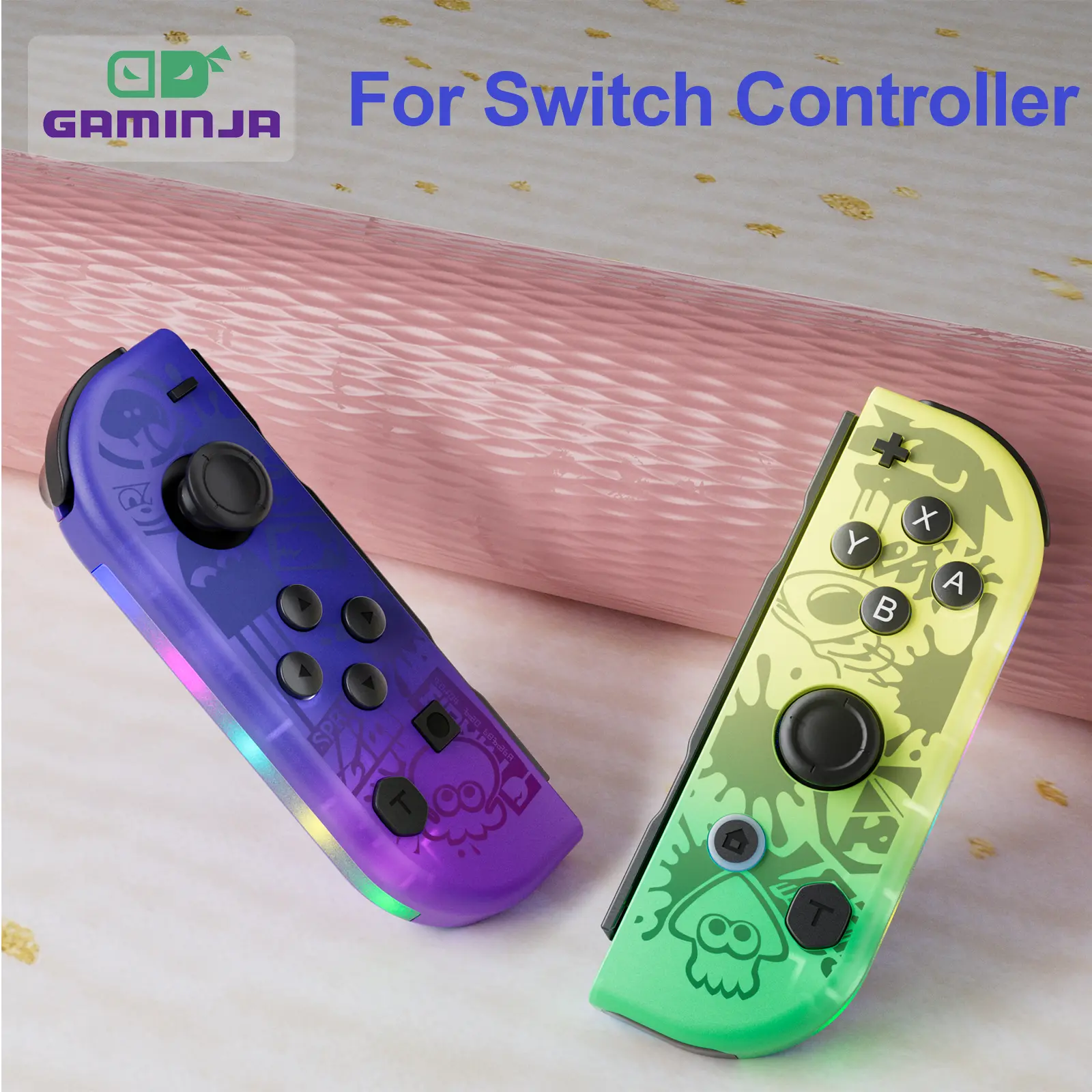 Wireless Controller Replacement for Switch/OLED/Lite, GAMINJA Anti-Drift Joycon with RGB LED Backlit, Ergonomic Comfort Grip Gaming Joystick