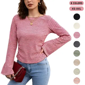 SCUSTY Women's Long Sleeve Shirts 2026 Spring Crop Going Out Tops Casual Boat Neck Bell Sleeve Ribbed Ruched Y2K Clothes 95% Cotton 5% Spandex High-Stretch Comfortable