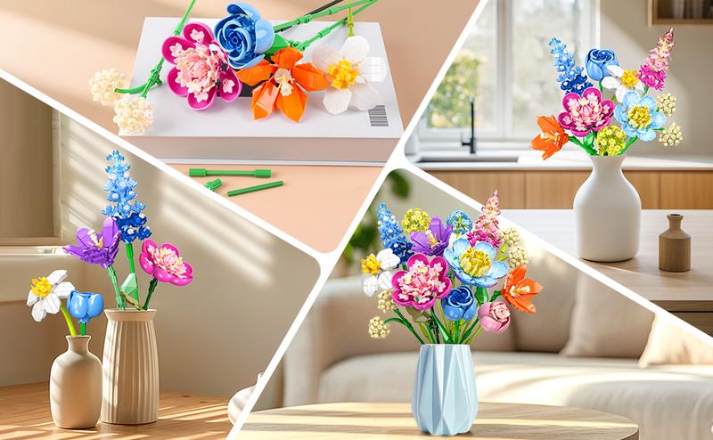 Flower Bouquet Building Set 13 Flowers with Adjustable Petals & Green Leaf Accents, Rose Plant, Decorative Ornaments & Magnetic Blocks, Home Decor for Adults, Boys & Girls 8+
