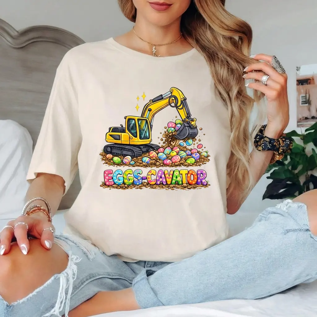 Personalized Easter Eggs Excavator T-Shirt, Funny Easter Graphic Tee for Kids and Adults, Egg Hunter Design, Excavator Digging Easter Eggs, Unique Spring Gift, Custom Easter Apparel, Perfect for Easter Egg Hunts