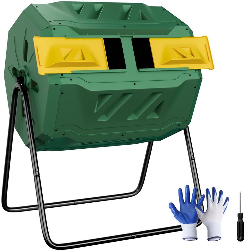 Segawe Dual Chamber Composter Tumbler 43Gal Rotating Outdoor Compost Bin with Gloves, BPA Free, Steel Frame for Backyard, Garden, Black/Green