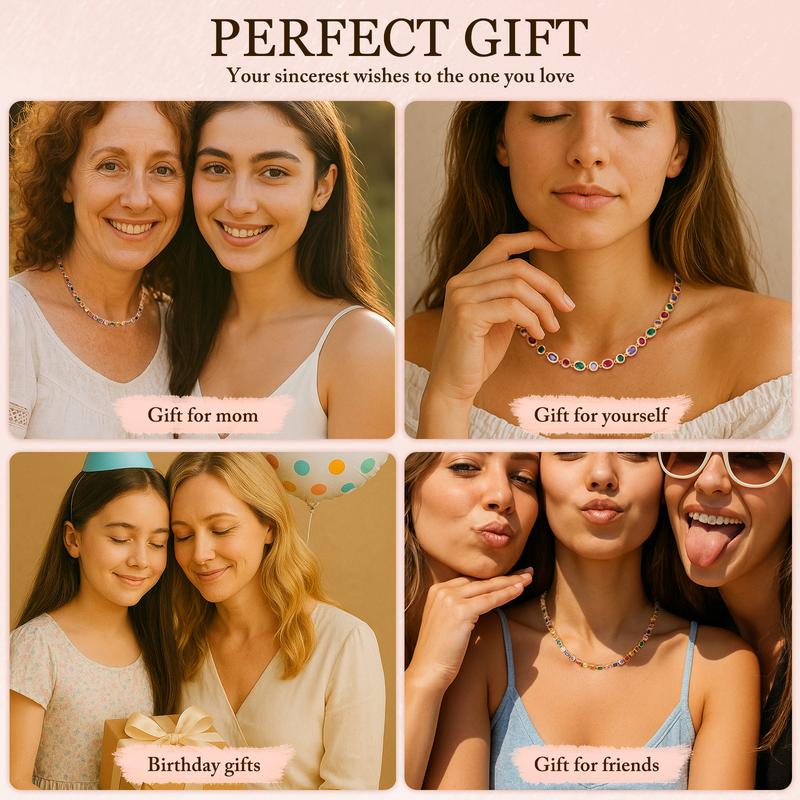 Turandoss 14K Gold Plated Multicolor Gemstone Tennis Necklace – Colorful CZ & Emerald Chain, Adjustable, Stylish Gift Jewelry for Him & Her