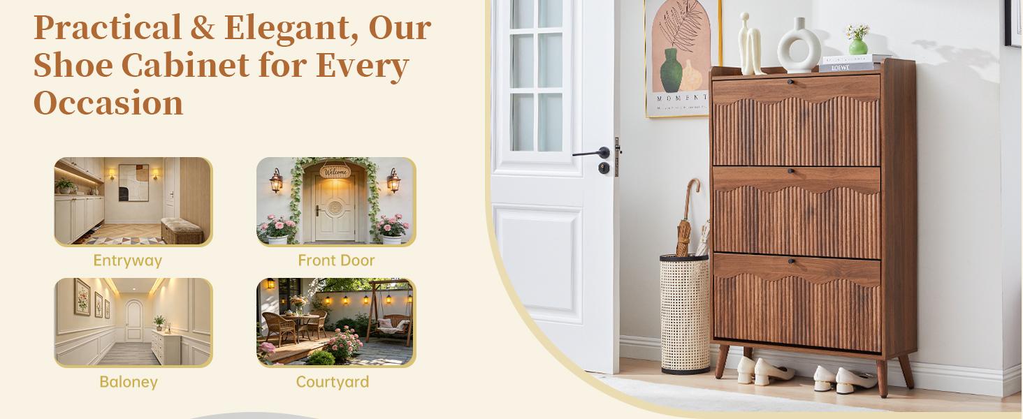 Giratree Wooden Fluted Shoe Cabinet with 2/3/4 Flip Drawers, Stylish Narrow Shoe Storage Organizer with Wave Design, Freestanding Entryway Shoe Rack for Hallway, Living Room Giratree Wooden Fluted Shoe Cabinet with 2/3/4 Flip Drawers, Stylish Narrow Shoe Storage Organizer with Wave Design, Freestanding Entryway Shoe Rack for Hallway, Living Room