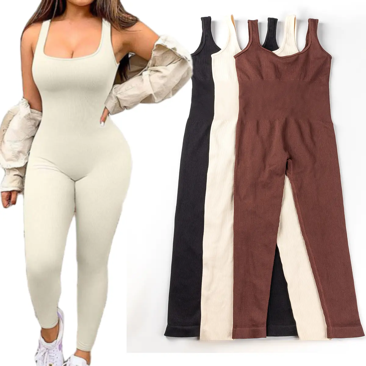 High-Stretch Seamless Ribbed Knit Women's Tummy Control Butt Lifting Bodysuit Athletic Style Yoga Fitness Long Length Sleeveless Solid Color