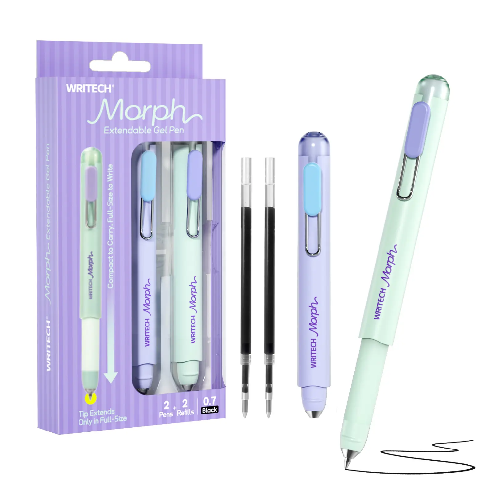WRITECH Morph Extendable Gel Pen: 0.7mm Black Ink Mini to Full Size Soft Grip Portable Extendable Pocket Pen Set with 2 Pens and 2 Refills
