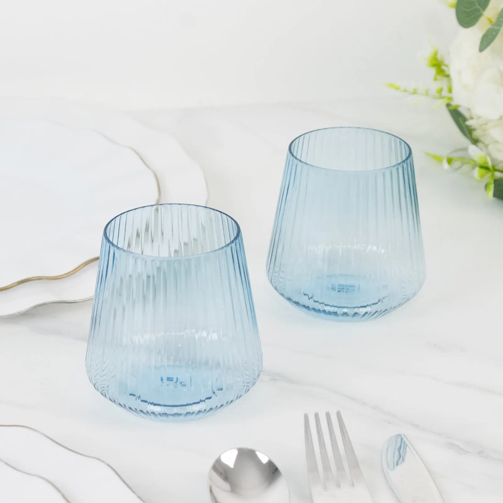 12-Pack Plastic Stemless Wine Glasses - 12oz Transparent Dusty Blue Ribbed Kitchen Drinkware for Adults, Durable Reusable Shatterproof Set for Dining, Birthday, Wedding, Disposable Cup Alternative