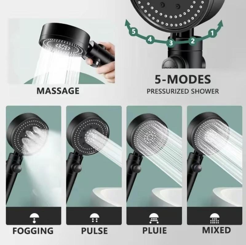 Five-speed Booster Shower Head One-button Water Stop Water-saving Water Pressure Adjustment Shower Head Bathroom Shower Set