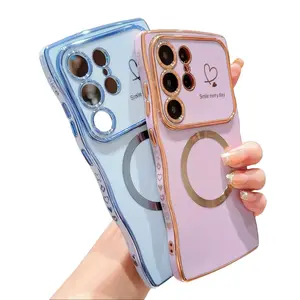 Magnetic Case for Samsung Galaxy S25 Ultra Plus S24 S23 S22 for Women Girls Soft Cute Wave Frame Curly Shape Love Heart Luxury Plating Phone Case compatible with MagSafe