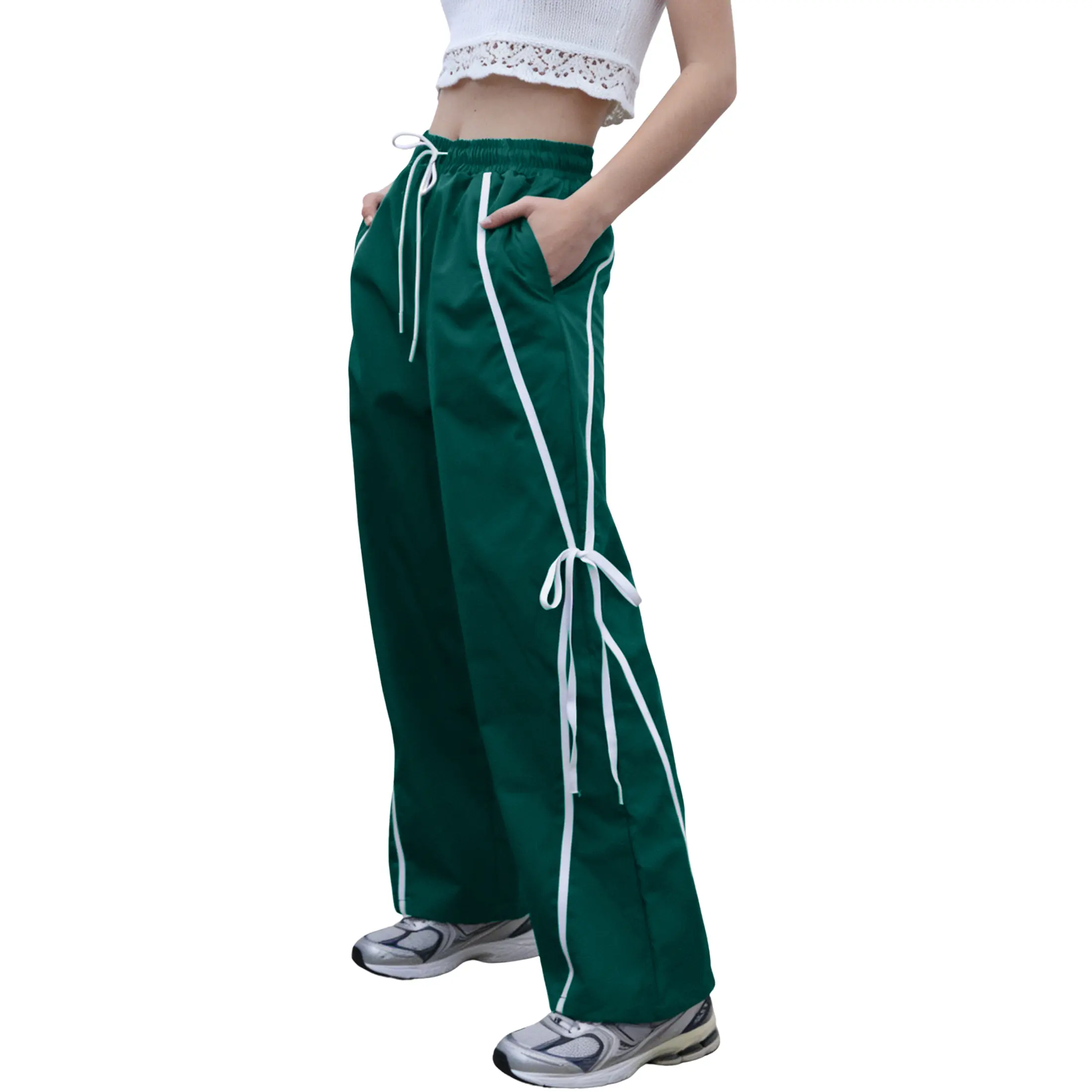Bienmorn Women’s Parachute Pants Y2K Wide-Leg Cargo Sweatpants, elastic Drawstring Waist Jogger Pants with Pockets