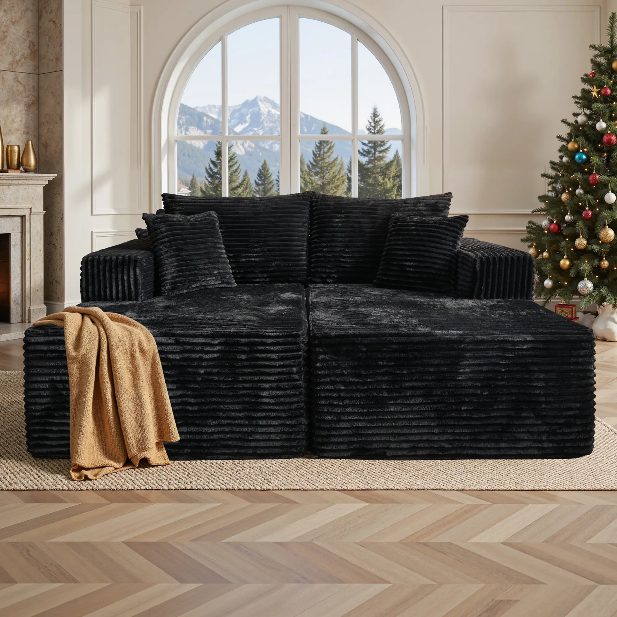 Black Plush Corduroy Double Chaise Couch