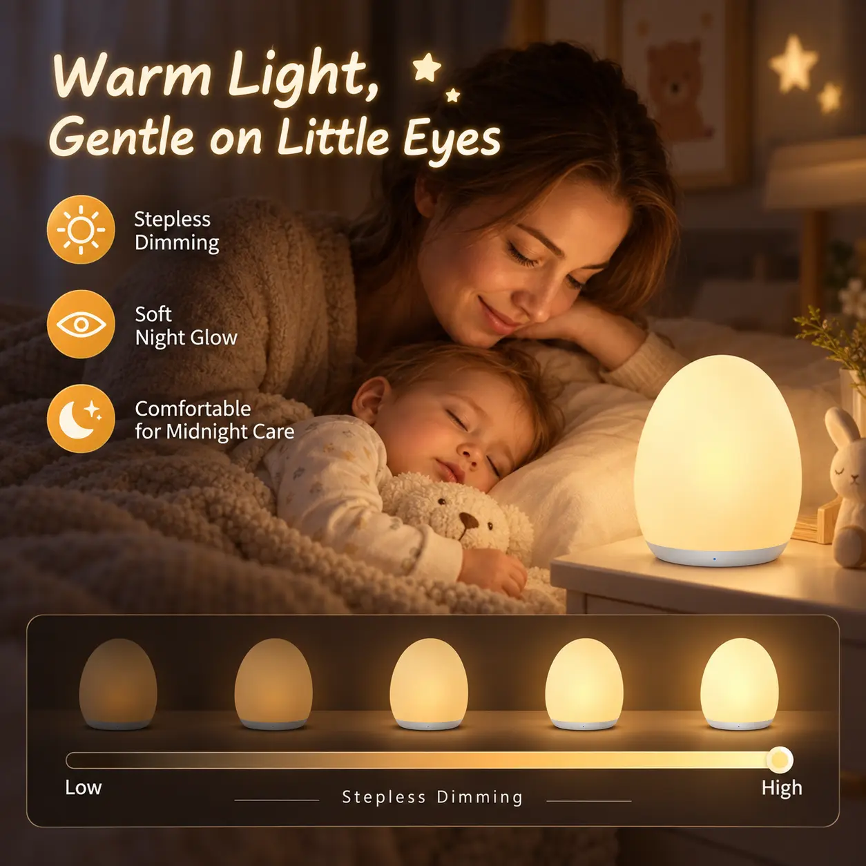 Rechargeable Silicone LED Egg Night Light for Baby, Indoor Tap-Touch Lamp with 7 RGB Colors, Warm Light, Adjustable Brightness, Stepless Dimming, 1H Timer, BPA-Free Portable Bedside Lamp