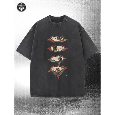 Couple Vintage Washed Printed T Shirt Eye Pattern Embroidery Crew Neck Short Sleeve Loose Fit Straight Hem Graphic Design