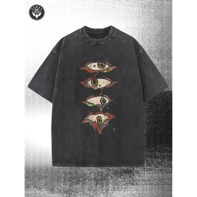 Couple Vintage Washed Printed T Shirt Eye Pattern Embroidery Crew Neck Short Sleeve Loose Fit Straight Hem Graphic Design