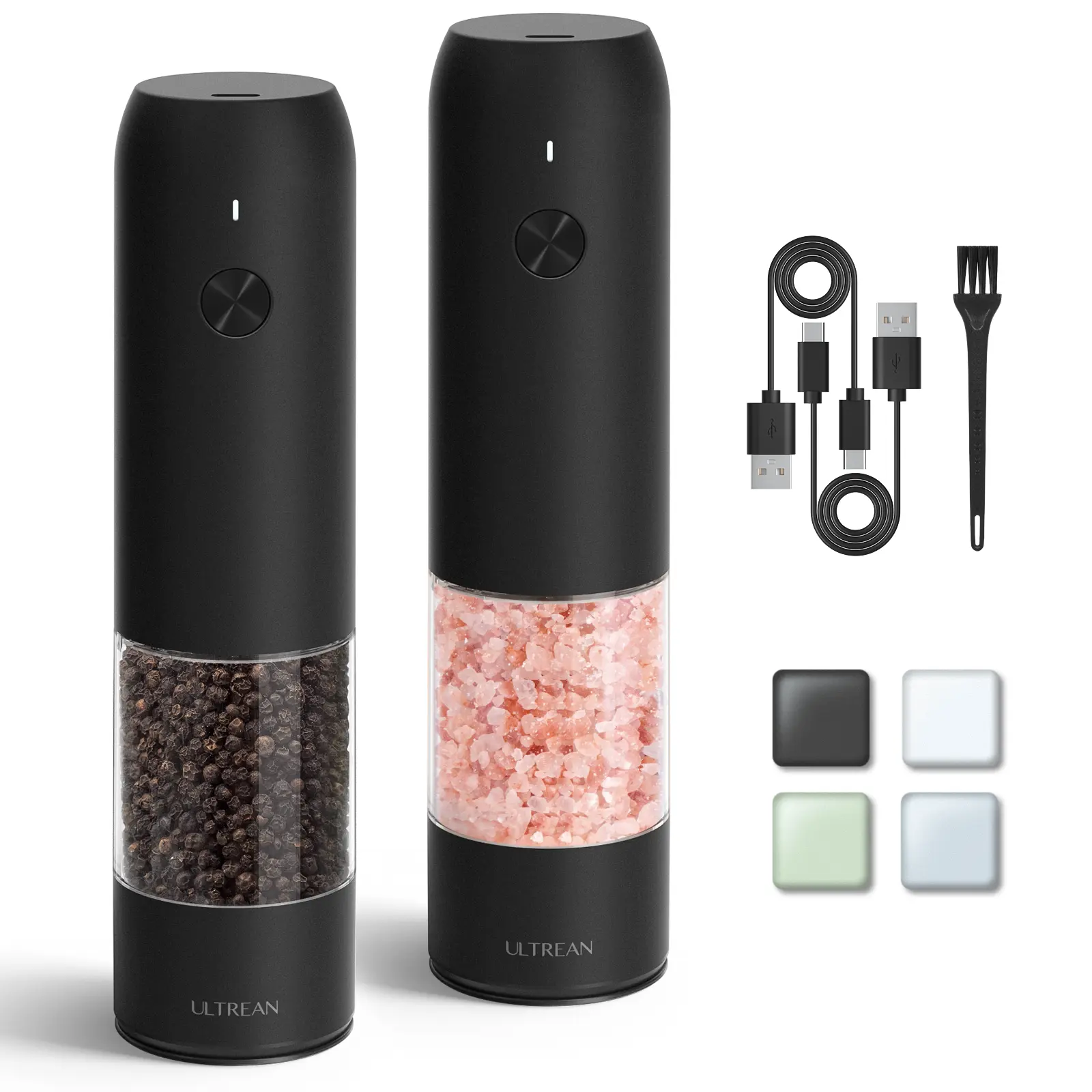 Ultrean Sturdy Rechargeable Salt and Pepper Grinder Set (2-Piece) - Kitchenware Seasoning Utensils with 6 Adjustable Coarseness, LED Light, Automatic Operation for Home, Birthday Gifts for Women, Black